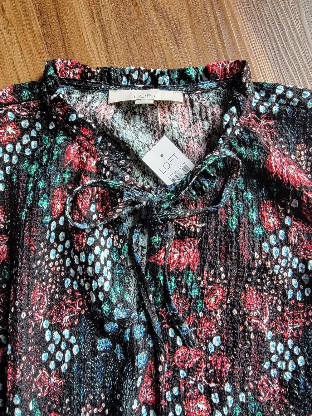 LOFT Black Floral Tie-Front Blouse with Red, Blue & Green Print Small